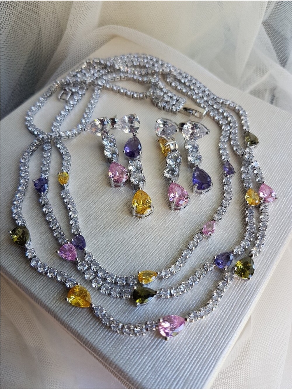 Swarovski Elements Teardrop Pink Purple & Yellow Gem Layered Necklace NEW